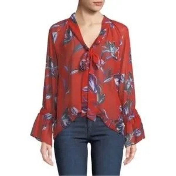 MISA Los Angeles Gracie Floral Bell Sleeve Tie Neck Semi-sheer Top Red Blouse,XS - Picture 2 of 10